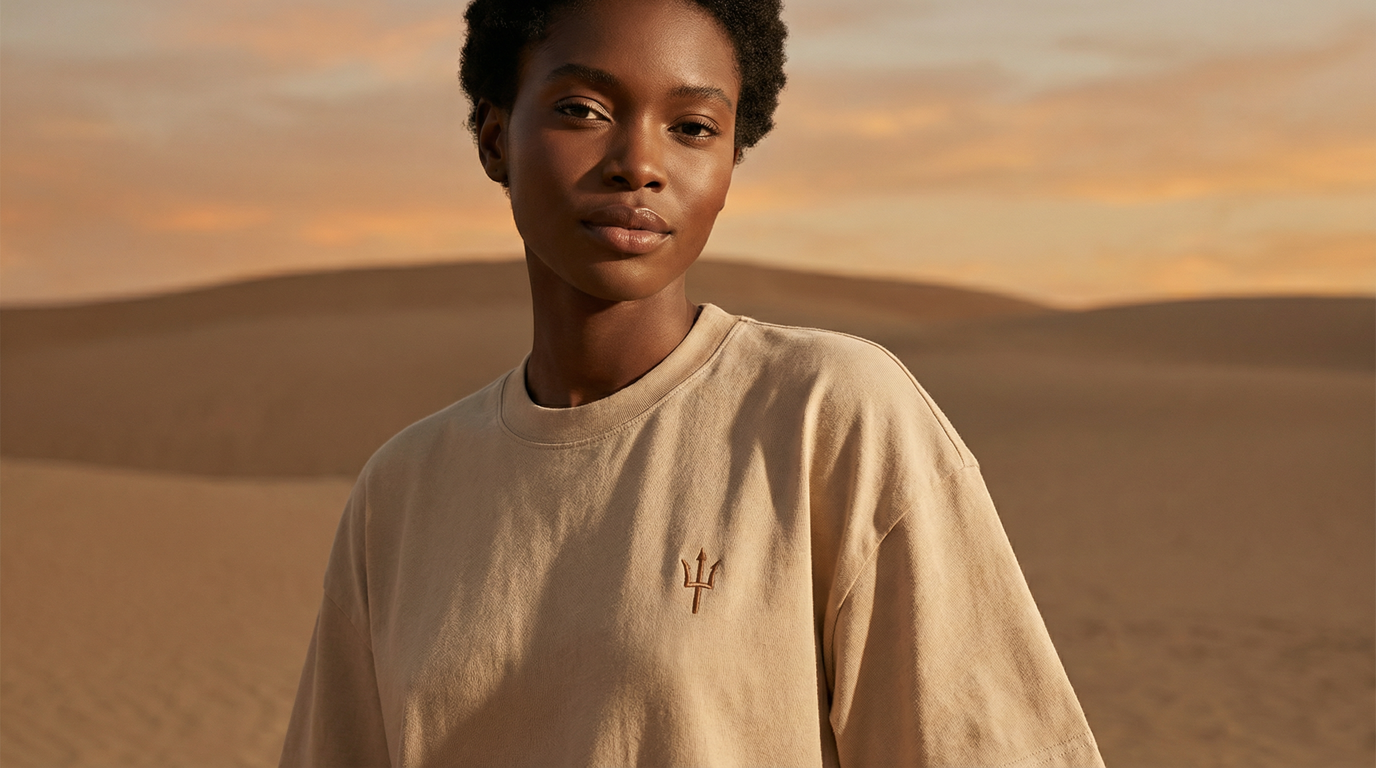 Modelo vestindo camiseta Raiz e Encruza no deserto